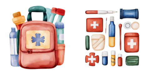 Colorful Watercolor Medical Supplies and First Aid Backpack