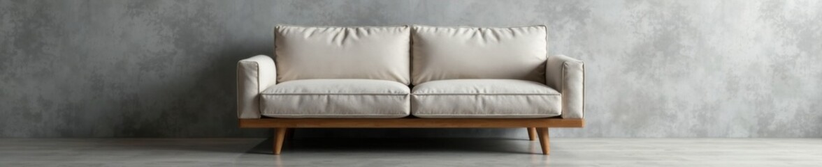 Mid century modern sofa placed in front of grey empty wall, relaxing atmosphere, calming colors