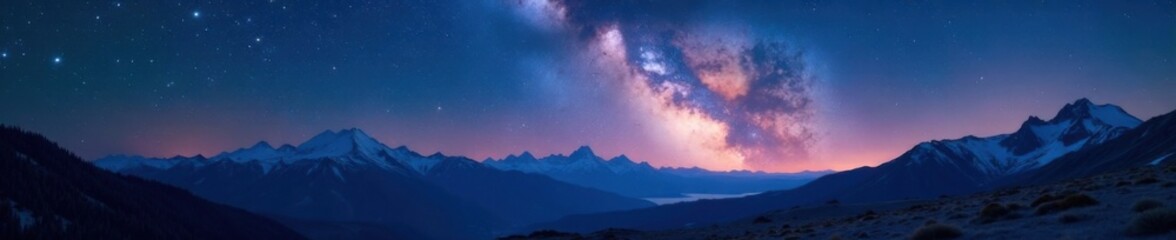 Fototapeta premium Milky Way Night Sky with Sparkling Stars Over Mountain Range , night sky, silhouette, mountains