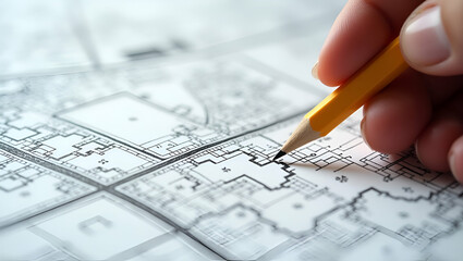 Choosing the Perfect Building Plot: A Person Pointing at a Cadastral Map with Pencil for House Construction - Stock Photo Concept with Empty Space on the Left
