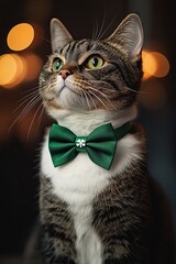 Elegant tabby cat wearing green bow tie with clover symbol sitting indoors with warm festive lighting