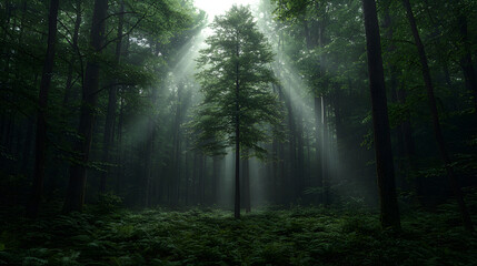 Fototapeta premium Sunlight piercing a misty forest (1)