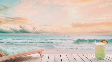 Obraz premium Serene morning beach wooden board with pastel sky gentle waves and a coconut drink on a lounge chair a?