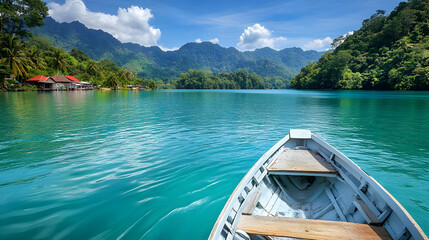 Turquoise Lake With Wooden Boat And Mountains