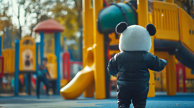 Child in panda costume at playground.