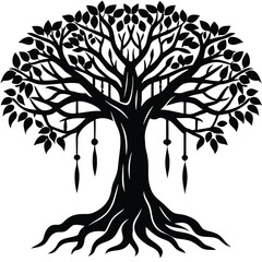 Obraz premium Silhouette of Mystical Tree with Leaves, Roots, and Hanging Ornaments, isolated