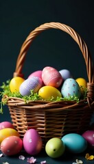 Vibrant Easter eggs overflowing a woven basket, dark background, stock photo, photography, holiday background