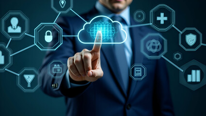 Businessman Engages with SASE Icons for Cloud Security Solutions
