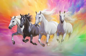 Celestial Gallop: Four majestic horses, a symphony of colors dancing around them, running free through an ethereal realm, a symbol of freedom.  