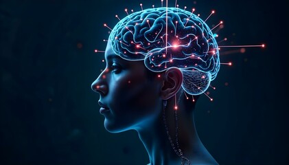 Obraz premium Futuristic Brain-Computer Interface Headset with Pulsating Neural Light Patterns in Cybernetic Design