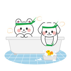 （こどもの日）菖蒲風呂にはいっているクマとイヌの可愛いイラスト