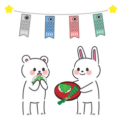 （こどもの日）柏餅と粽を食べるクマとウサギの可愛いイラスト