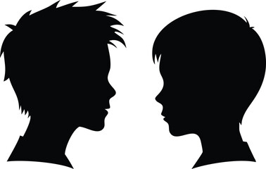Silhouette of Two Boys Looking At Each Other, Black on White, Side View, Profile