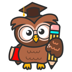 Owl in graduation cap, Back to school. wise owl cartoon character