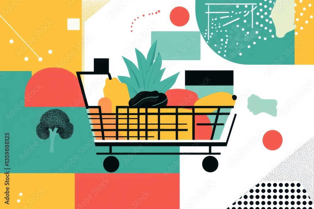 Aufkleber stylish abstract grocery shopping with geometric designs, bold colors, and modern transitions in a c
