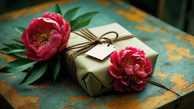 Gift package adorned with a tag string and lovely flowers on a wooden surface.