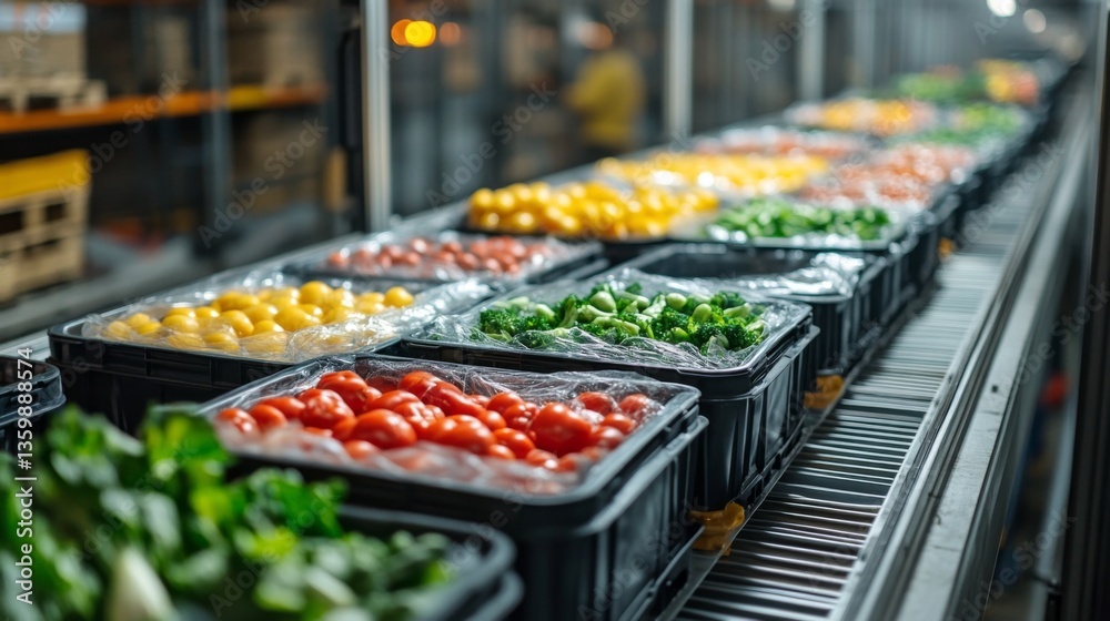 Poster packed trays of fresh produce travel along conveyor belts in a state of the art logistics facility, 