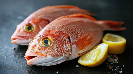 Two fresh red fish with lemon slices and sea salt on dark surface in seafood preparation and cooking concept