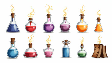 Enchanting Mystical Watercolor Potion and Spell Books Clipart: Perfect for Magical Nursery Themes and Fantasy Designs in Simple Flat Vector Style