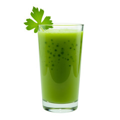 Green smoothie in tall glass with fresh celery leaf on top, vibrant color and smooth texture, healthy beverage for refreshment