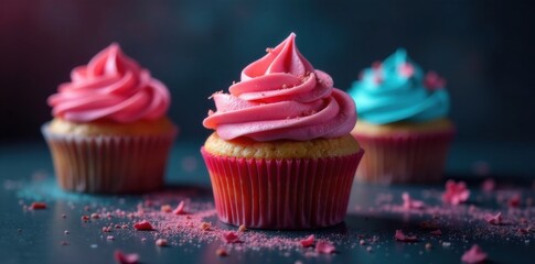Moody lighting highlights the cupcake's texture and colors, atmosphere, light background, cupcakes
