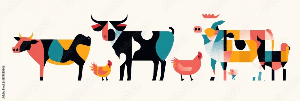 Aufkleber Minimalist geometric illustration featuring colorful cows pigs and chickens in a vibrant modern design Generative AI