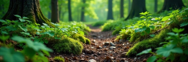 Obraz premium Mottled forest floor with ferns and tree roots, dappled light, moss