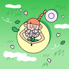 바람이 부는 초록 들판 위에서 꽃을 들고 향기를 맡고 있는 소녀 일러스트. 탑뷰. Illustration of a girl holding a flower and smelling it on a windy green field. Top view.