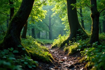 Naklejka premium Muddy forest with overgrown foliage and twisted tree trunks, dark greens, grunge