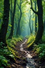 Obraz premium Muddy forest with twisted trees and overgrown vegetation, woodlands, grunge texture