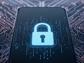 A smartphone screen displays a digital lock symbol over a circuit-board background, representing cybersecurity and data protection.