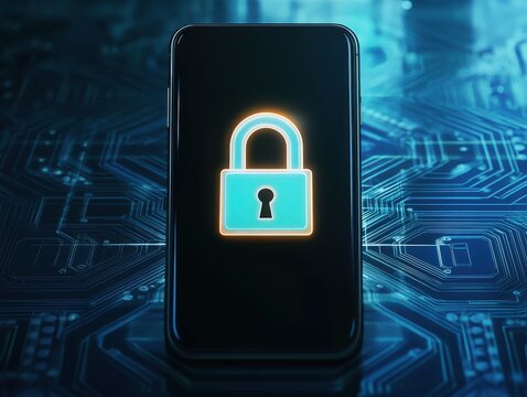 A smartphone displays a glowing padlock icon against a digital circuit background, symbolizing security and data protection.