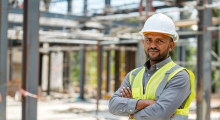 Ethiopian engineer at an active construction zone, wearing protective helmet and vest. African engineer. Black man whit helmt.