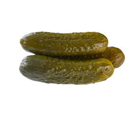 three pickled cucumbers isolated on a white background.