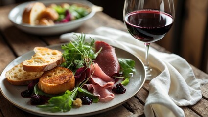 A delicious lunch accompanied by a glass of red wine.