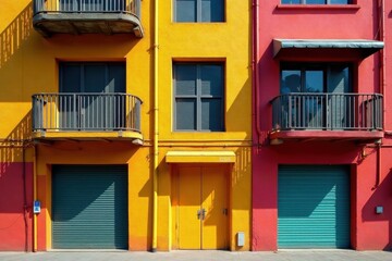Building exterior, balconies with pipes and loading access , building facade, construction, weathering