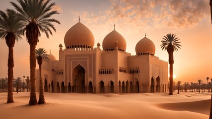 A majestic mosque multiple domes stands heart a sandy desert, bathed warm glow sunrise. Palm trees frame scene.