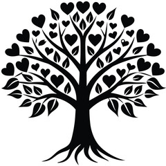 Stylized Tree with Heart Shaped Leaves, Black Silhouette on White Background, Simple Design