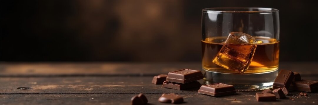 Dark wood bar, whiskey glass, chocolate squares, bar, sweetness, liquor