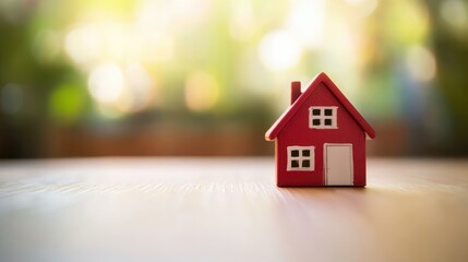 A vibrant red toy house sits on a wooden table, surrounded by a blurred green garden backdrop, evoking warmth and comfort