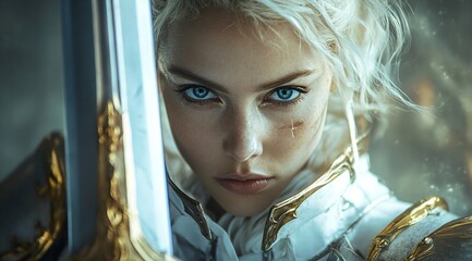 Woman as angelic warrior with blue eyes and golden armor. Divine protection concept. Christian art for Easter, All Saints' Day, guardian angel day