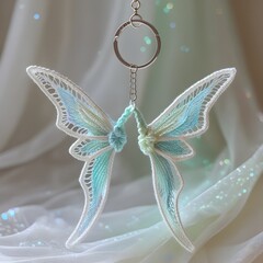 Fototapeta premium A meticulously crafted, intricate lace-style crochet keychain wing set, featuring a pair of tiny fairy wings, each approximately 2-3 inches in length, with a delicate, filigree-like pattern, 