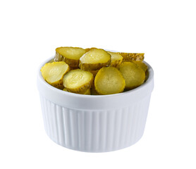 chopped pickled cucumbers in a white bowl isolated on a white background.