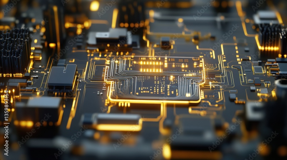Poster close-up view of a glowing central processor on a circuit board showcasing intricate technology, com