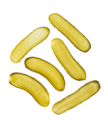 pickled cucumbers cut into strips isolated on a white background, top view.