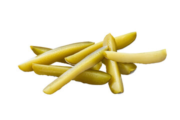 Pile of marinated gherkins cut into wedges isolated on a white background.