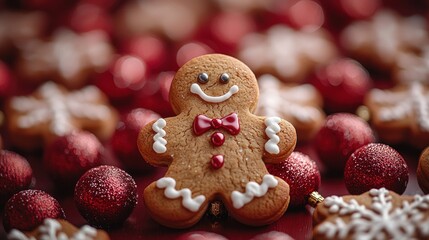 Fototapeta premium Festive gingerbread man amidst Christmas decorations