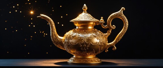"Aladdin's enchanted lamp displayed against a black background."