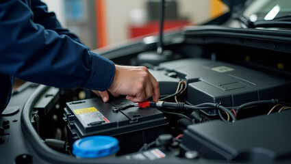 Flat Vector Illustration: Car Mechanic Repairing Electric Battery