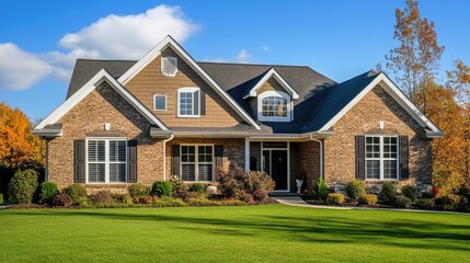 Beautiful suburban home with landscaped yard and autumn trees under a clear blue sky, showcasing peaceful living